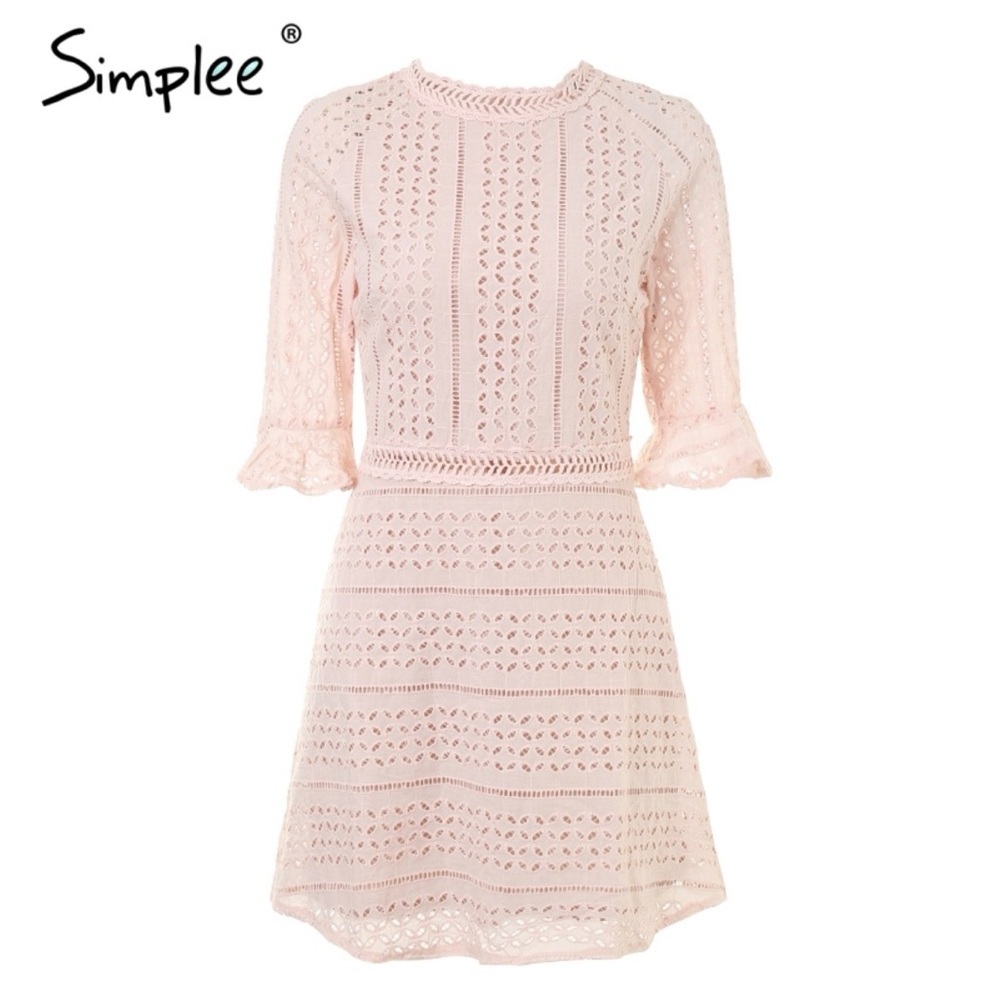 Simplee Apparel Blush peach Lace Eyelet Mini Dress fit & flare lined size medium - Picture 2 of 11